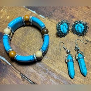 Great turquoise bundle of jewelry. Two sets of earrings ones clip on, bracelet.
